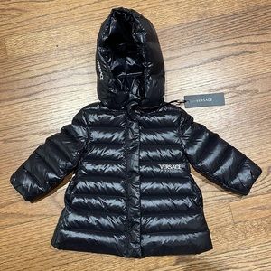 Versace baby puffer coat black NWT hood logo designer luxury